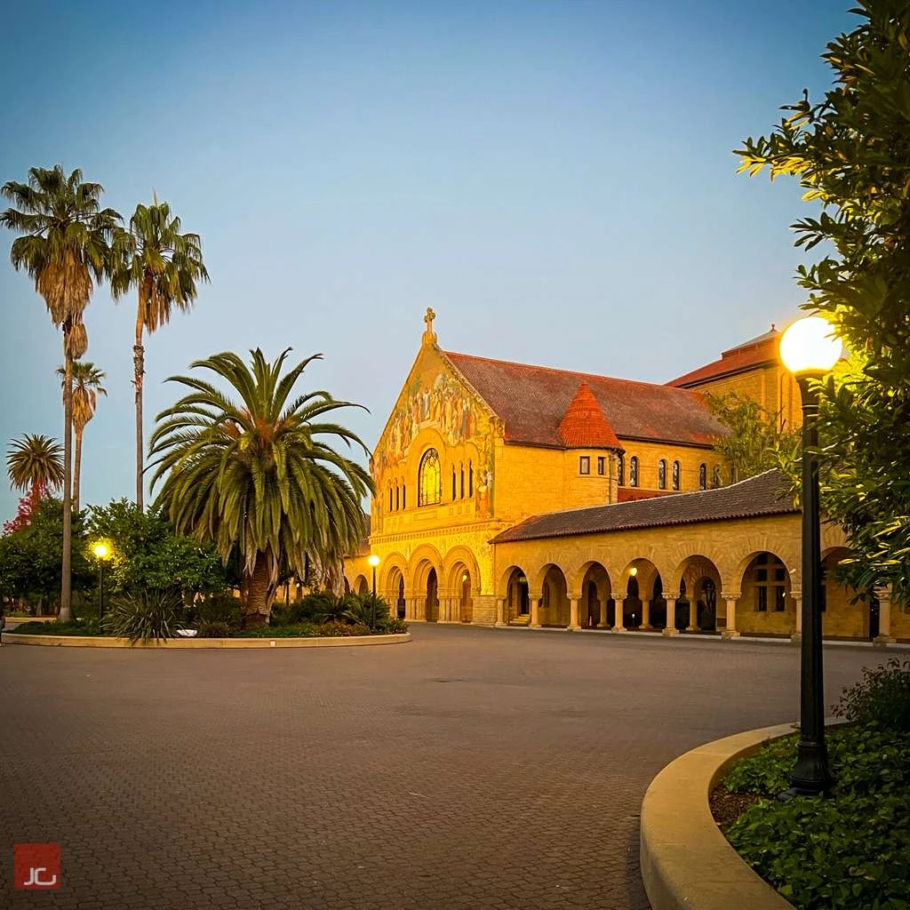 Stanford Memorial Church and the Main Quad at dusk