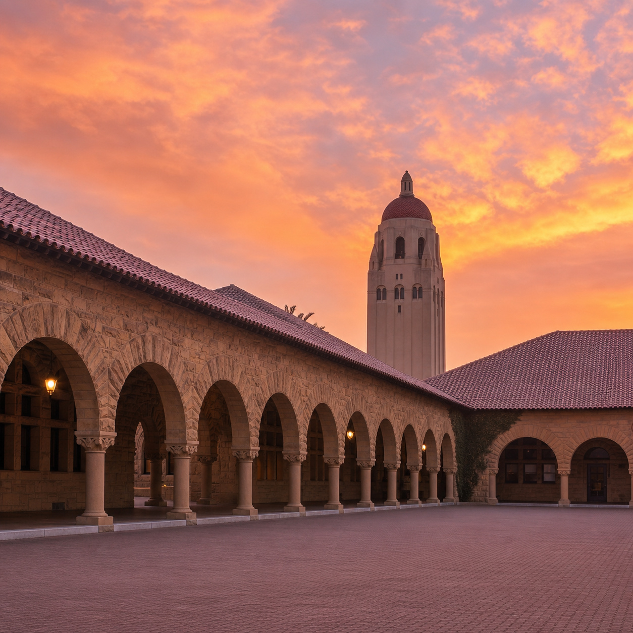 Stanford Main Quad and Hoover Tower at sunset